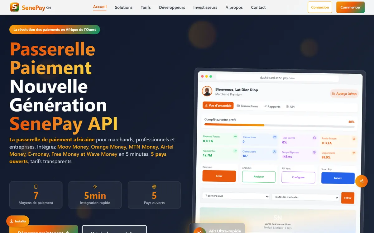 Page d'accueil de SenePay, passerelle de paiement mobile, version ordinateur